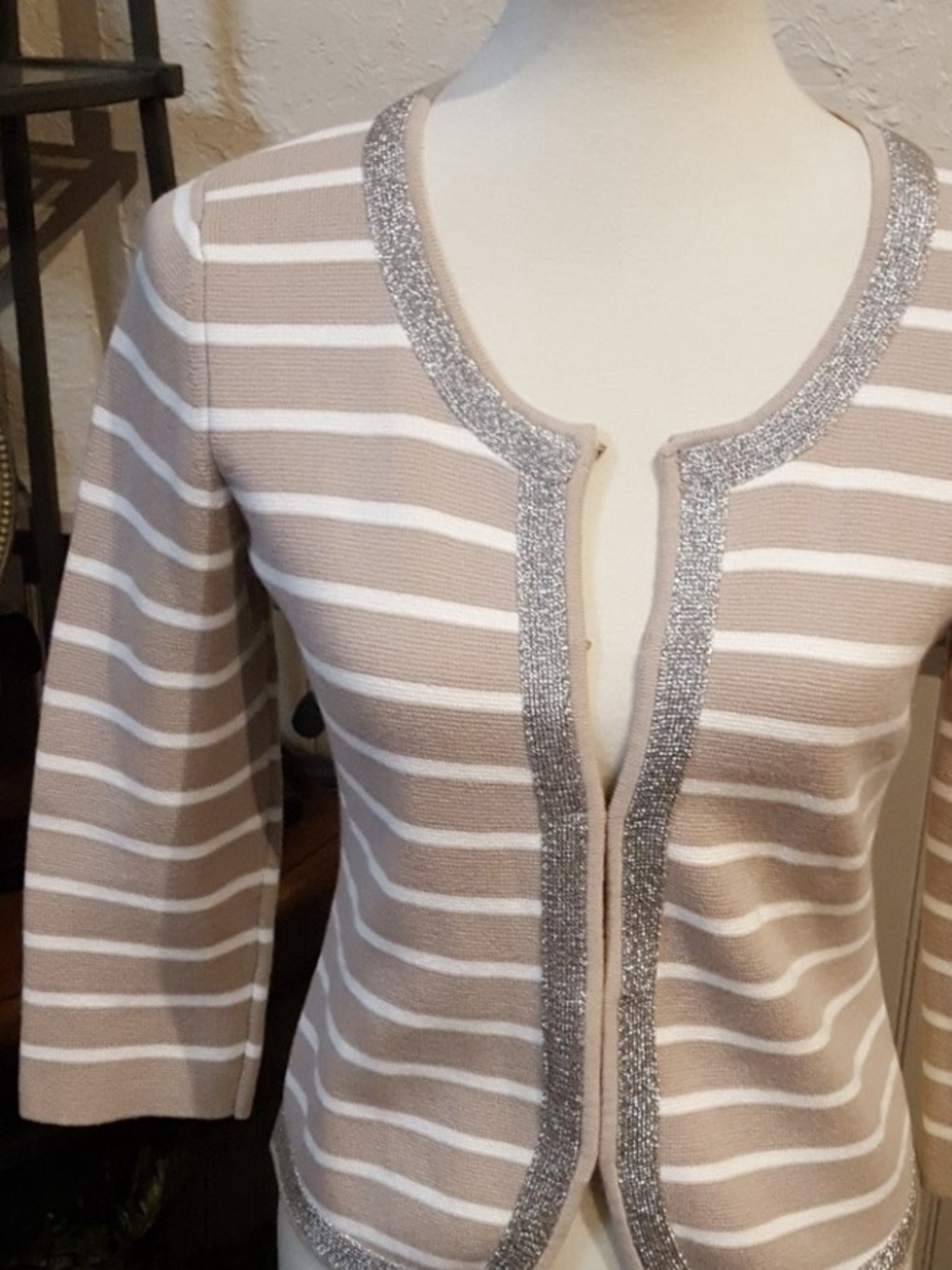 Striped Beige & White Knit Cardigan with Silver Trim